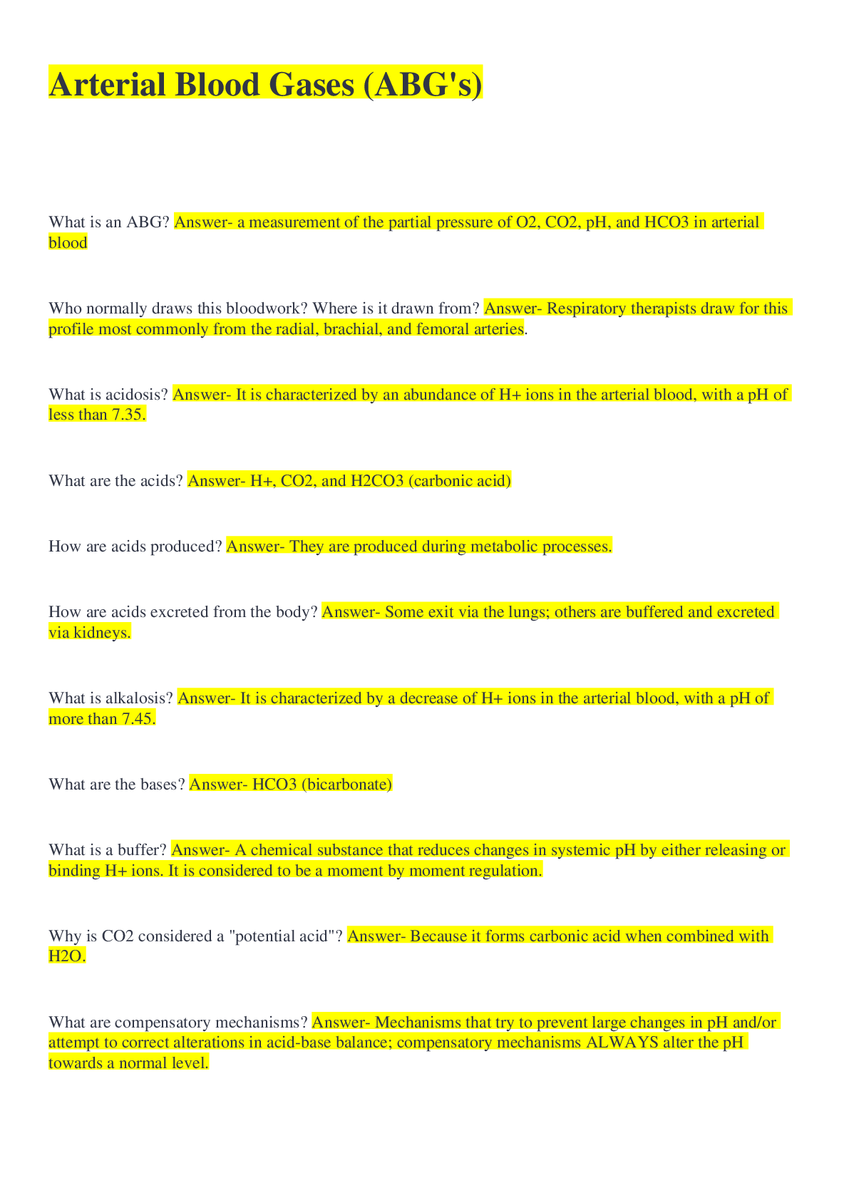 Arterial Blood Gases (ABG's) QUESTIONS AND ANSWERS 100 CORRECT Browsegrades